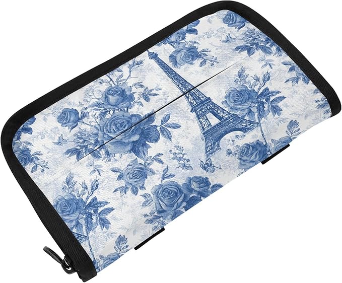 Car Tissue Holder Car Napkin Holder Car Tissue Box Dispenser Storage Case Sun Visor Mask Holder with Adjustable Straps Reusable Refillable Blue Roses and Eiffel Tower