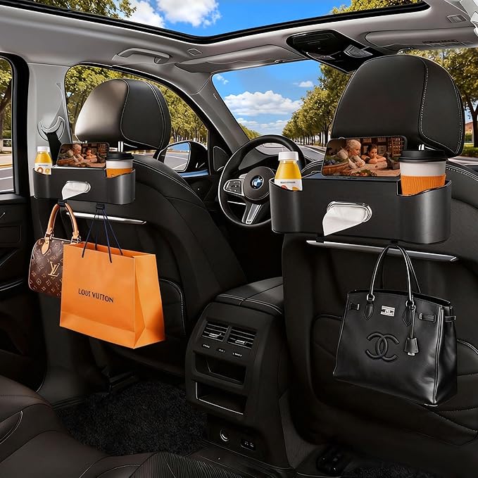 Car Backseat Organizer for Kids & Travelers - 4 in 1 Multifunctional Car Seat Back Storage with Cup Holder, Tissue Box, Snack/Handbag Holder - Nappa Leather Universal Fit for SUV/Van/Sedan (Black)