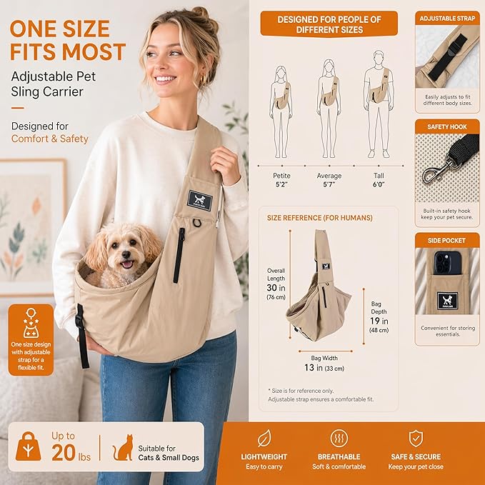 Pet Sling Carrier for Small Dogs and Cats 5-20lbs, Dog Sling with Adjustable Depth, Breathable Air Mesh Puppy Travel Bag, Water Resistant Fabric, Double Safety Leash, Machine Washable,Caramel