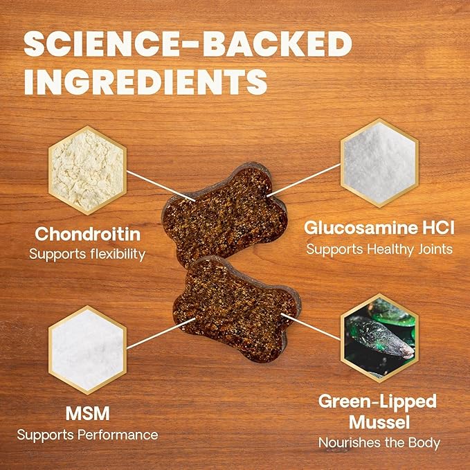 VetriScience Ultimate Strength Healthy Hip & Joint Chews, GlycoFlex Glucosamine, Chondroitin and Green-Lipped Mussel Joint Support Supplement for Dogs, Soothe Discomfort, Peanut Butter, 60 Chews