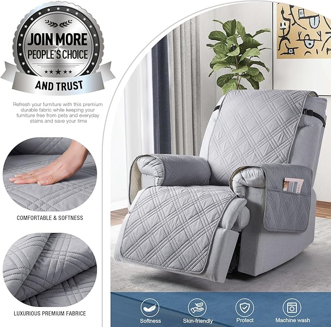TAOCOCO 100% Waterproof Recliner Chair Cover with Double Straps, Oversized Recliner Covers for Large Recliner Chair, Non Slip Reclining Chair Cover for Kids, Pets(28'', Light Grey)