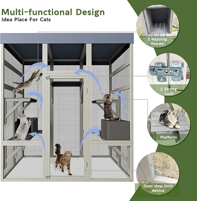 LOVMOR 62.6" Outdoor Wooden Catio for Cats, Large Cat Enclosure with Waterproof Roof, 2 Cat Houses & Platforms, Secure Rust-Proof Wire Pet Cage for Patio or Backyard