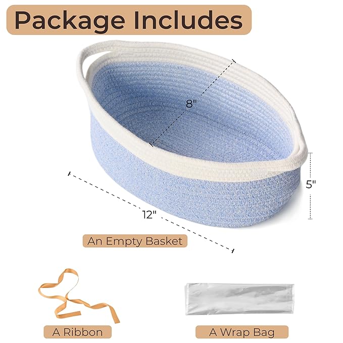 Small Woven Gift Basket Empty with Bag & Ribbon - Gifts for Mom, Baby Shower, Birthdays & Raffle - Cotton Rope Storage Basket for Dog Toys or Shelf - 12"x8"x5", White & Blue