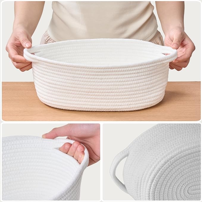 Small Woven Gift Basket Empty with Bag & Ribbon - Gifts for Mom, Baby Shower, Birthdays & Raffle - Cotton Rope Storage Basket for Dog Toys or Shelf - 12"x8"x5", Easter White, 8 Packs