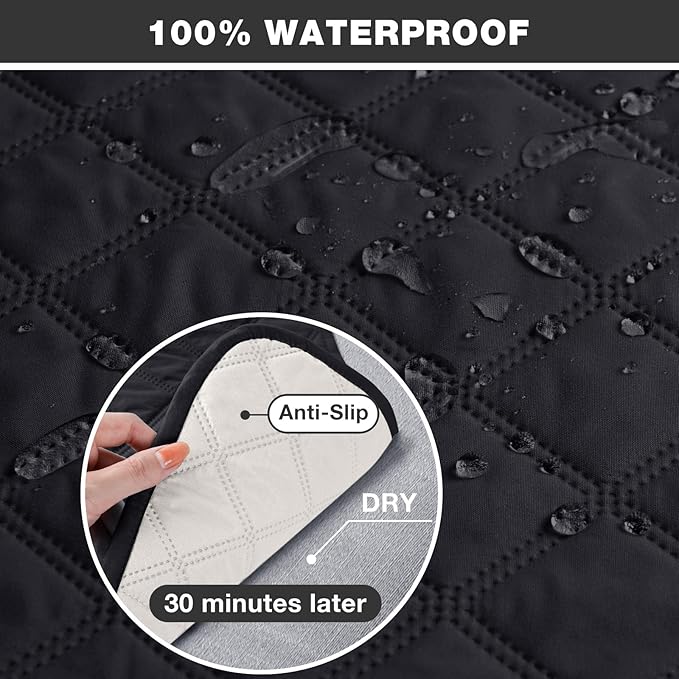 TAOCOCO 100% Waterproof Recliner Couch Covers, Recliner Sofa Covers with Leg Straps, 1-Piece Washable Reclining Sofa Cover with Pocket Couch Protector for Pets Kids(2 Seater, Black)