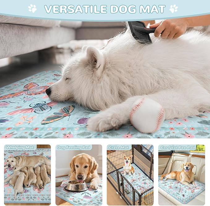Lahome Washable Reusable Pee Pads for Dogs - Blue Butterfly & Insect Print 2 Pack Puppy Pads, Super Absorbent & Waterproof Training Mats for Crate & Floor - Leakproof with Non-Slip Backing (36"x36")