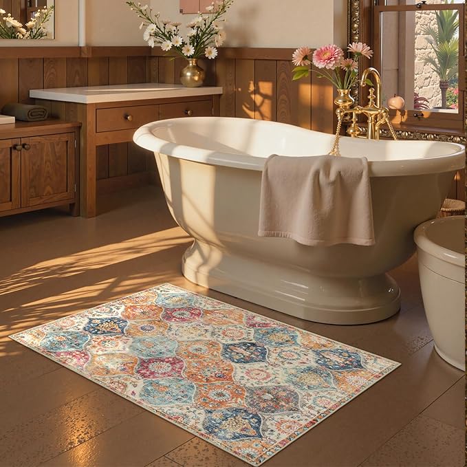 Lahome Moroccan Trellis Washable Rug, 2x3 Kitchen Rugs for Entryway Bathroom, Non-Slip Indoor Door Mat Ultra-Thin, Small Oriental Throw Carpet for Bedroom Entry Elise, Cream/Multi