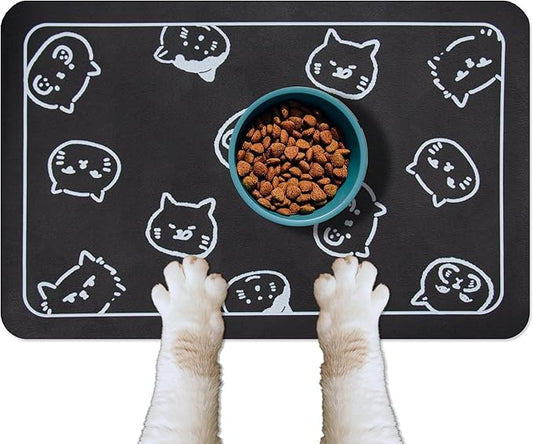 YCT Cat Food and Water Mat for Pets - Non Slip Super Absorbent Dog Bowl Mat, with Multiple Cat Heads Logo - 24 x 16.9 Inches, Black