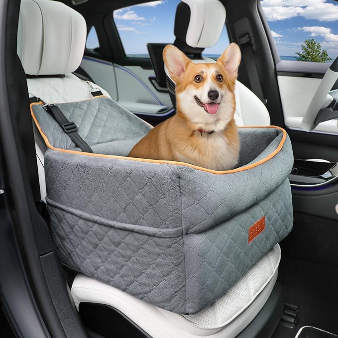 GL GLENSLAVE Dog Car Seat for Small Medium Dogs, Memory Foam Dog Booster Car Seat for Pets Under 35 lbs, Anti-Slip Pet Carseat with 2 Adjustable Leashes, Elevated Dog Travel Bed with Storage Pockets