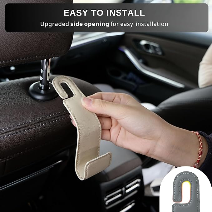 Purse Holder for Car, 2 PACK Upgraded Car Seat Hooks for Hanging Purse and Bag, Leather Headrest Hooks for Car Back Seat, Car Organization Accessories (Beige)
