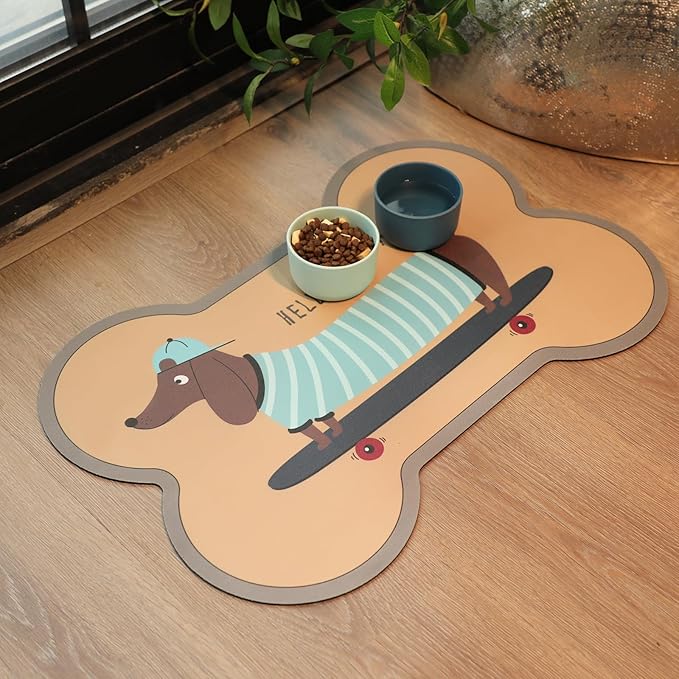 Le couranT Plastic Placemat for Food and Water Bowl, Absorbent-No Stains Quick Dry Dog Water Bowl Dispenser with Waterproof-Anti-Slip Backing Pet Placemat for Messy Drinkers, Lovely dachshund-16x24 in