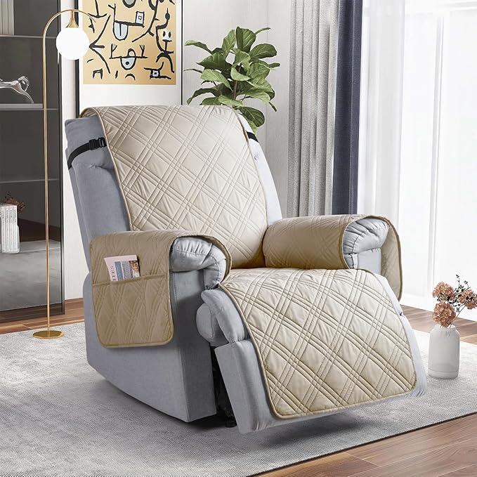 TAOCOCO 100% Waterproof Recliner Chair Covers, Non Slip Recliner Covers for Recliner Chair with Pocket, Washable Reclining Chair Cover Furniture Protector for Kids,Dogs(25'', Cream)