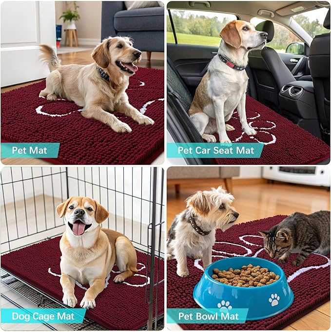 OLANLY Dog Door Mat for Muddy Paws 47x24, Paw Print Design, Absorbs Moisture and Dirt, Absorbent Non-Slip Washable Doormat, Quick Dry Chenille Mud Mat for Dogs, Entry Indoor Entryway Carpet, Burgundy