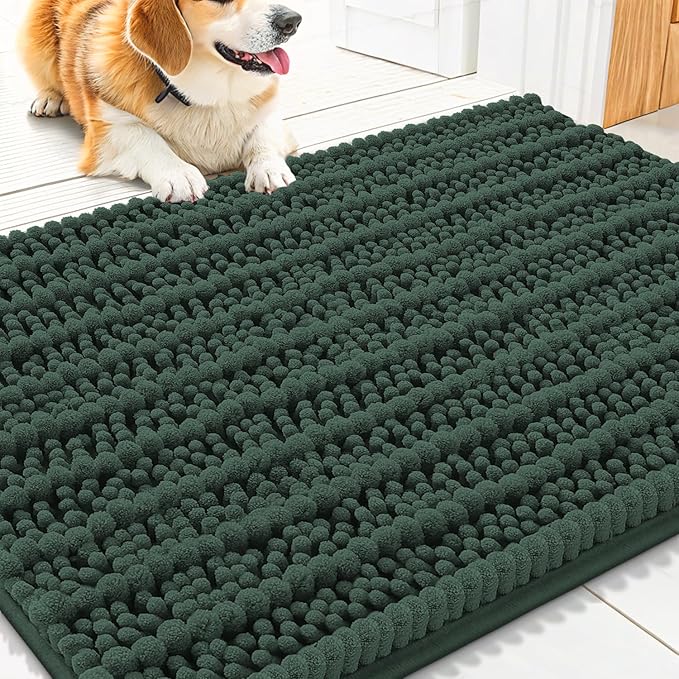 Smiry Dog Door Mat for Muddy Paws 30x20, Extra Soft Absorbent Chenille Doormat, Trap Moisture and Dirt, Non-Slip Machine Washable Front Door Mat for Indoor Entrance Inside Floor, Green