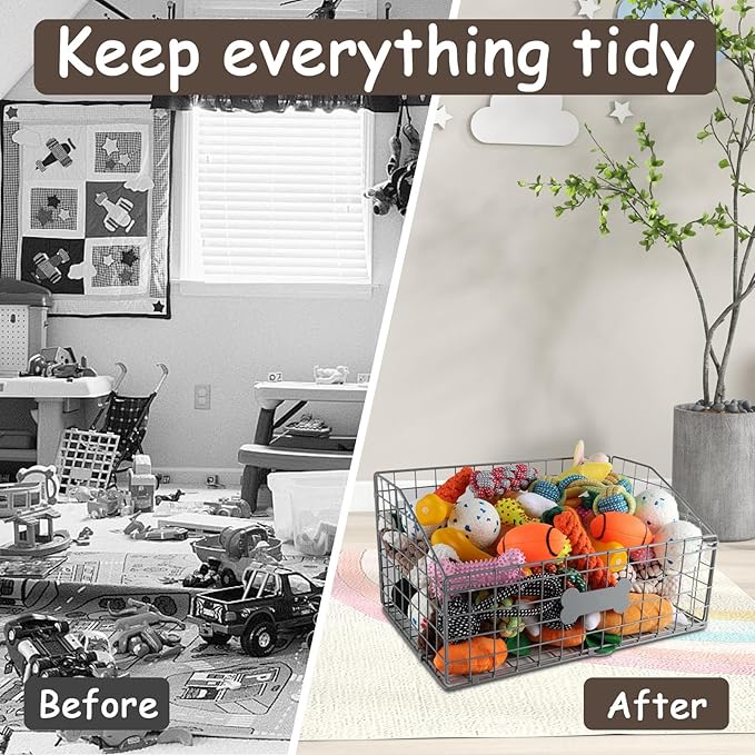 Geyecete Toy box for dogs large Dog Toy organizer Pet wire folding basket dog toy container dog toy box -Can be Personalized-Cat and Puppy-Gray