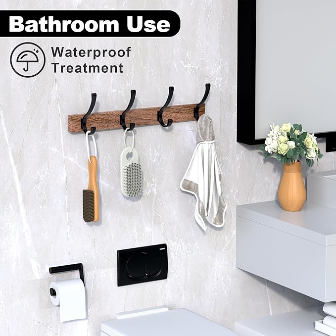 IURRDOP 17 Inch Black Walnut Wood Wall Mounted Coat Rack with 4 Black Double Hooks, Adhesive Mounted Entryway Hooks, Modern Natural Wooden Pegs for Hanging Coat Clothes Hat Bag Purse Key and Towel
