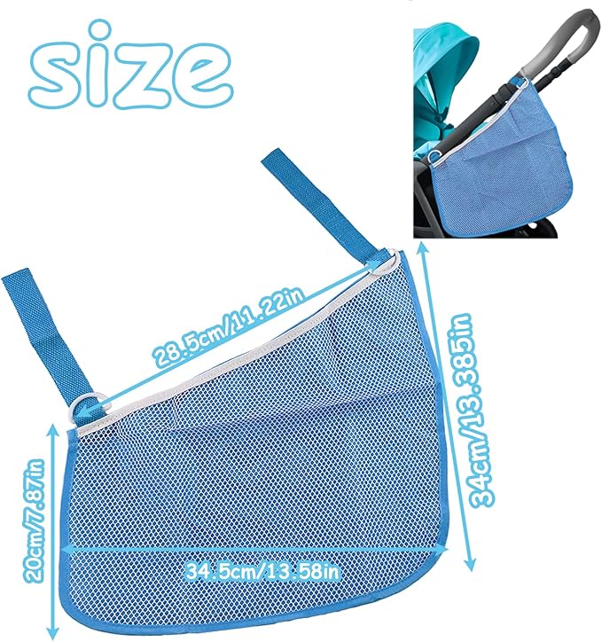 2 Pack Universal Side Sling Stroller Organizer with Mesh Cargo Net,Adjustable and Non-Slip Stroller Storage Bags, Portable Side Sling Stroller Cargo Net for Baby Accessories(Blue)