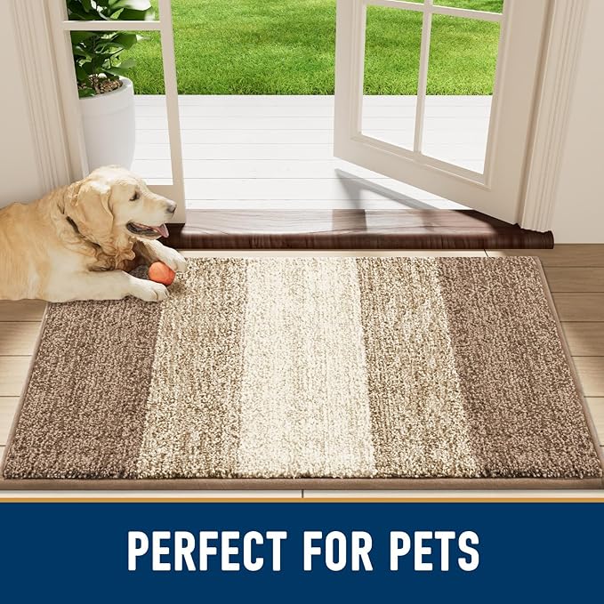 Smiry Dog Door Mat for Muddy Paws, Absorbs Moisture and Dirt, Low-Profile Entryway Mat with Non-Slip Backing, Entry Indoor Outdoor Doormat for Inside Floor (36x24 Inches, Khaki, Striped)