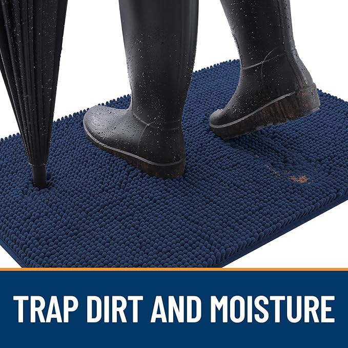 OLANLY Dog Door Mat for Muddy Paws 54x24, Absorbs Moisture and Dirt, Absorbent Non-Slip Washable Doormat, Quick Dry Chenille Mud Mat for Dogs, Entry Indoor Entryway Carpet for Inside Floor, Dark Blue