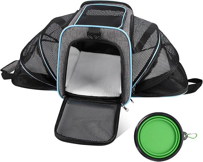Cat Carrier TSA Airline Approved - Expandable Soft Cat Dog Pet Carrier, Collapsible Pet Travel Bag Carrier with Foldable Pet Bowl for Large Cats Small Medium Dogs for Camping Vet Visiting 17*11*11