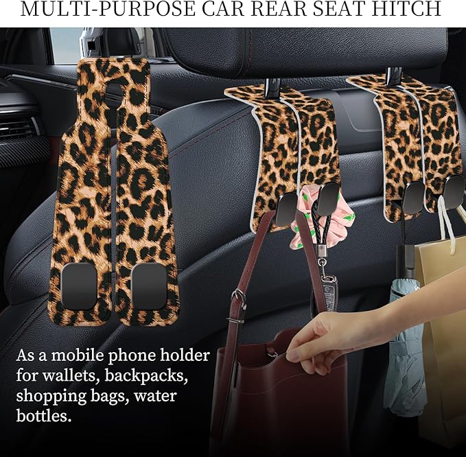 PU Leather Car Seat Hook, Storage Headrest Hanger, Cute Car Backseat Organizer, Car Hooks For Purses and Bags Brown Leopard Print