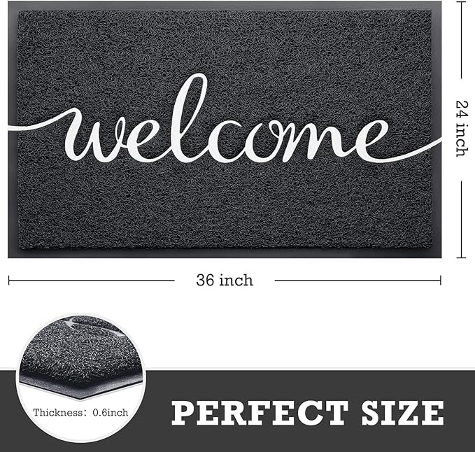 Black Door Mat Welcome Mats Outdoor Indoor Non-Slip Doormat for Entryway Low-Profile Floor Mat for Yard, Garage, High Traffic Areas (36"x24", Black)