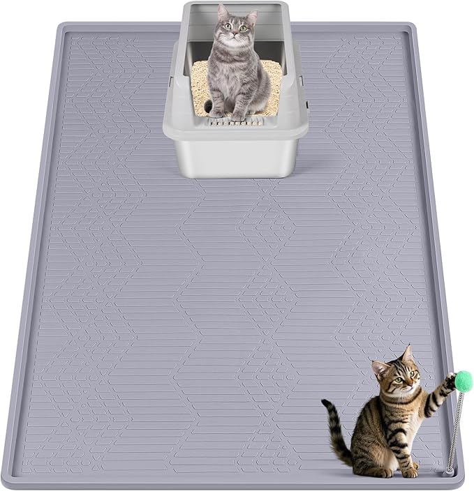Bartuke Large Cat Litter Mat with Toy Ball, 34'' x 22'' Silicone Cat Litter Trapping Mat for Scatter Control, Soft on Kitty Paws, Easy to Clean (Light Grey)