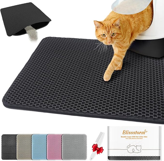 blissstorm Waterproof Cat Litter Mat, Double Layer EVA, Odor-Free Large Grid, Urine Proof, Easy Cleanup (Black, 22 x 30)