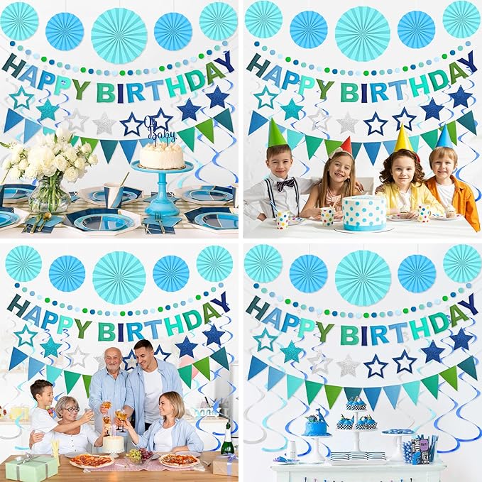 Pre-Strung 3D Felt Happy Birthday Banner, Reusable Blue Birthday Party Decorations for Men, Happy Birthday Sign with Felt Ball Garland, Pennant Flag, Hanging Paper Fans, Star Swirl Streamers