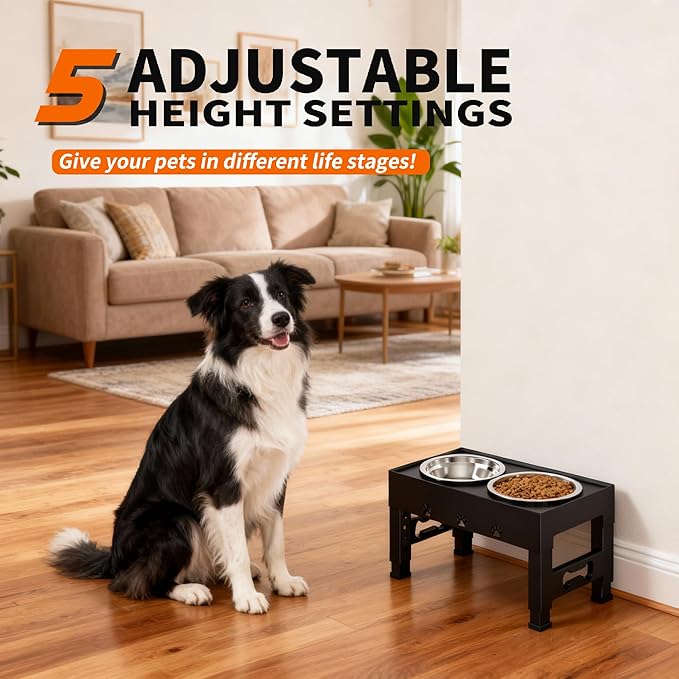Elevated Dog Bowls with 2 Stainless Steel Bowls, Raised Dog Food Bowl Stand 5 Height Adjustable (3.1", 9", 10", 11", 12") Non-Slip Feeder Station Set for Medium and Large Dogs - Black
