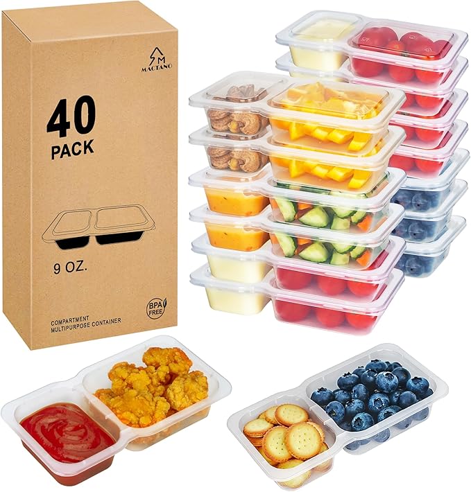 MACTANO 9 OZ Reusable Snack Containers with Lids, New Double Compartment Condiment Snack Pack Containers 40 Sets