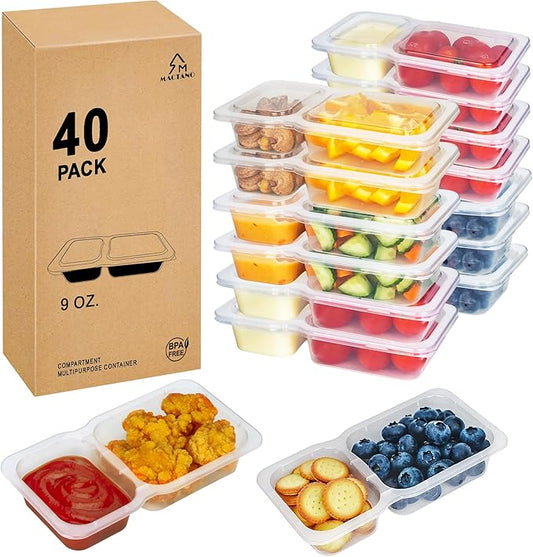 MACTANO 9 OZ Reusable Snack Containers with Lids, New Double Compartment Condiment Snack Pack Containers 40 Sets