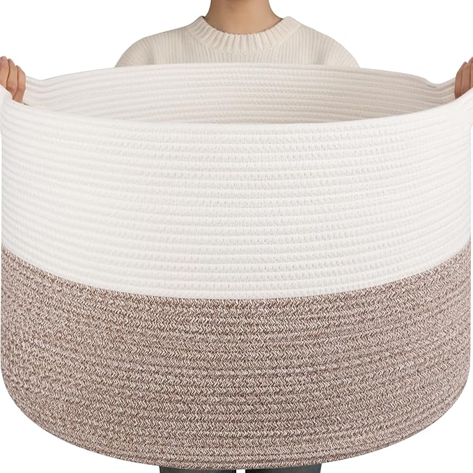 OIAHOMY 115L Extra Large Blanket Basket for Living Room, 23.6" x 15.4" Woven Cotton Rope Laundry Basket for Organizing Pillows, Decorative Stuffed Animal Toy Storage for Nursery, White and Linen Brown