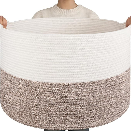 OIAHOMY 115L Extra Large Blanket Basket for Living Room, 23.6" x 15.4" Woven Cotton Rope Laundry Basket for Organizing Pillows, Decorative Stuffed Animal Toy Storage for Nursery, White and Linen Brown