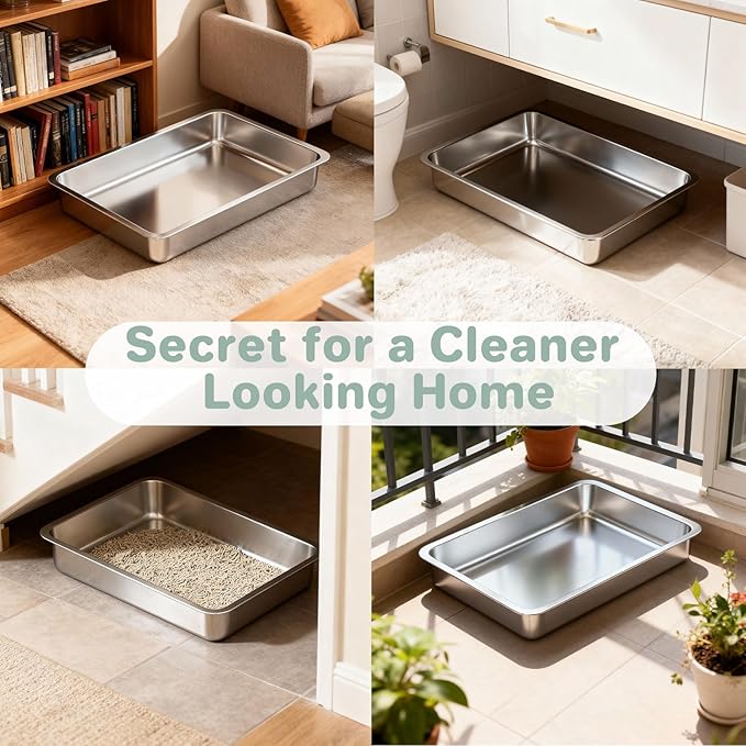 Low Entry Stainless Steel Cat Litter Box for Kittens, Metal Shallow Kitty Litter Box, Easy Access Kitty Litter Pan Tray,Pet Bathroom Accessories-15.75''Lx 11.81'' W x2.76'' H