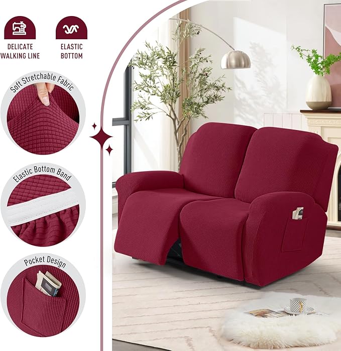 TAOCOCO Recliner Loveseat Slipcover, 6 Pieces Dual Recliner Sofa Covers for 2 Seat Dual Reclining Loveseat Couch, Stretch Soft Jacquard Pattern Furniture Protector with Elasticity (Burgundy)