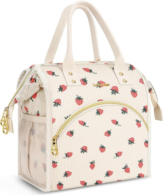 Lunch Bag Women Insulated Lunch Box Wide-Open Lunch Tote Bag Large Drinks Holder Durable Nylon Thermal Snacks Organizer for Men Adults Work Picnic Hiking Beach Fishing, Strawberry Corduroy