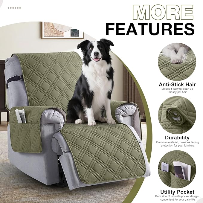 TAOCOCO 100% Waterproof Recliner Chair Covers, Non Slip Recliner Covers for Recliner Chair with Pocket, Washable Reclining Chair Cover Furniture Protector for Kids,Dogs(22'', Green)