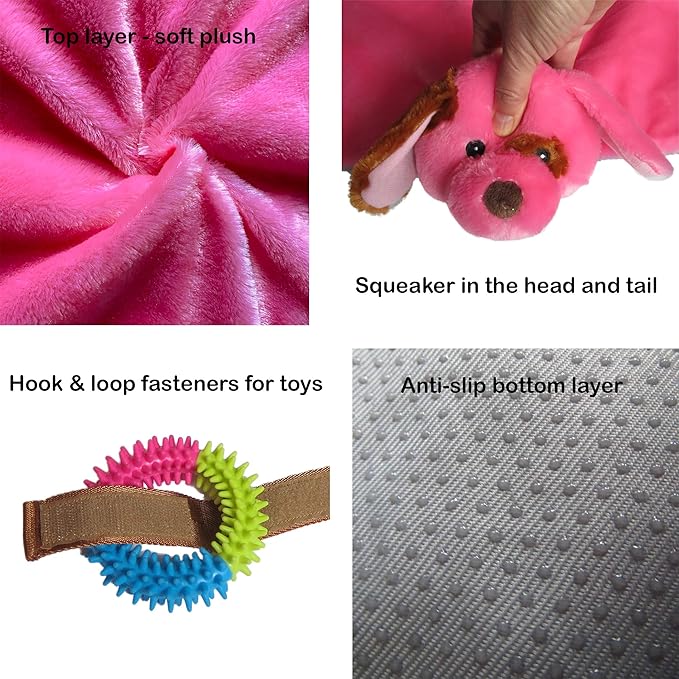 Puppy Play Mat - Pink for Small Breeds, 23'x20' Dog Mat with Detachable Teething Toys and Ropes