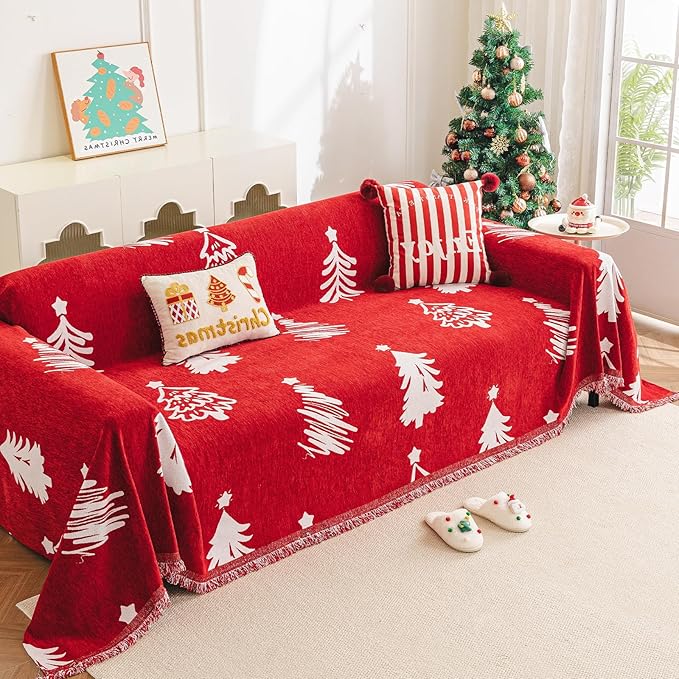 hyha Couch Cover for Dogs, Boho Sofa Covers for 3 Cushion Couch Washable, Chenille Sofa Slipcover for Pets, Loveseat Sectional Couch Throw Blanket with Tassels(Red Christmas Tree, 88.5x118 Inch)