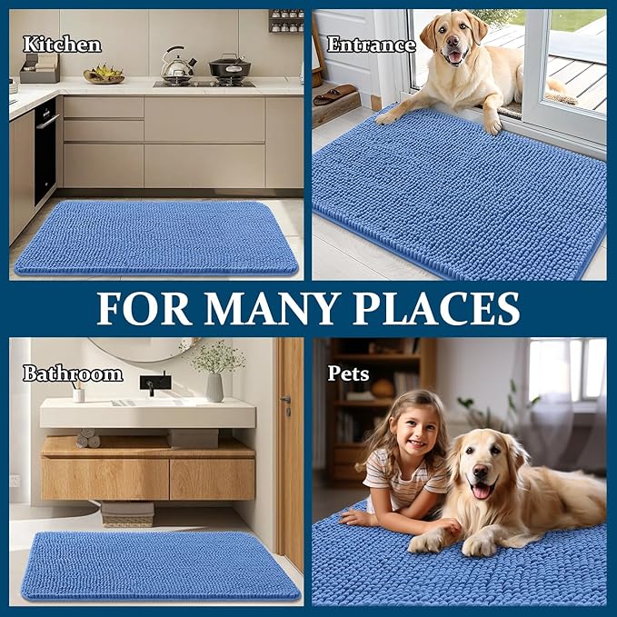 OLANLY Dog Door Mat for Muddy Paws 47x24, Absorbs Moisture and Dirt, Absorbent Non-Slip Washable Doormat, Quick Dry Chenille Mud Mat, Entry Indoor Entryway Carpet for Inside Floor, Cornflower Blue