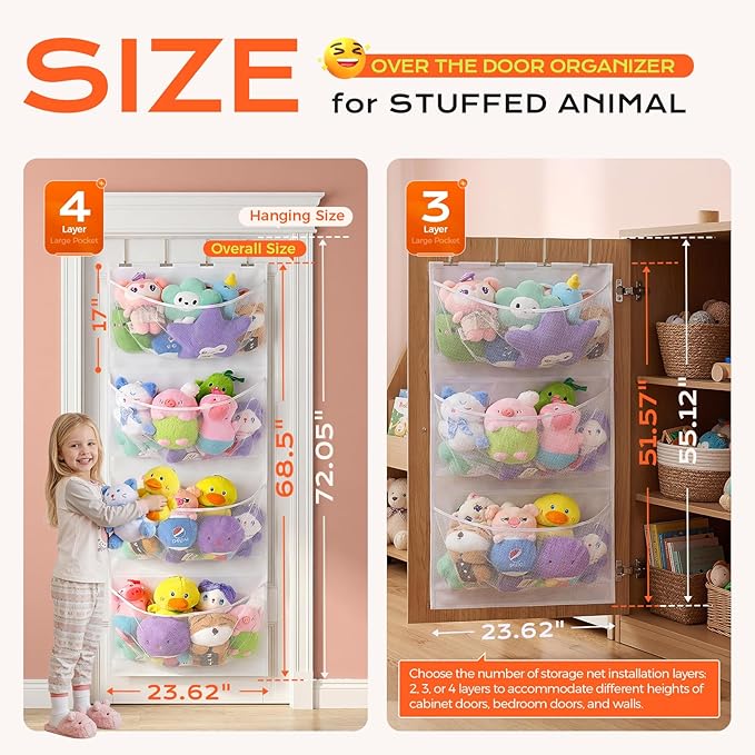 Upgraded Assembly Type Stuffed Animal Storage. Original Design & Patented, 4 Components Over the Door Organizer, Adjustable Net Layer, Suitable for Doors and Walls of Various Heights.