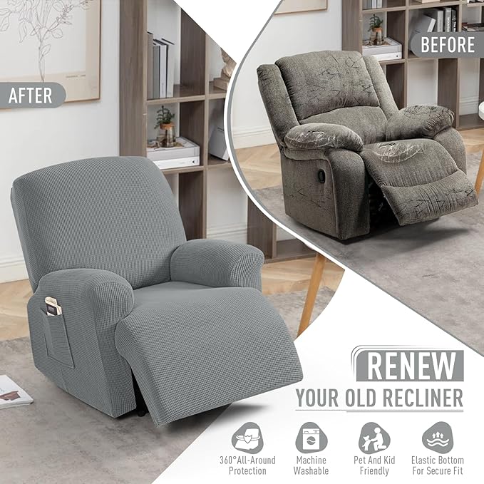 TAOCOCO Recliner Cover 4-Pieces, Recliner Stretch Sofa Slipcover, Recliner Cover 1 Seat, Couch Protector Soft, Furniture Protector Covers with Elastic,Chair Covers Jacquard Pattern (Dusty Grey)