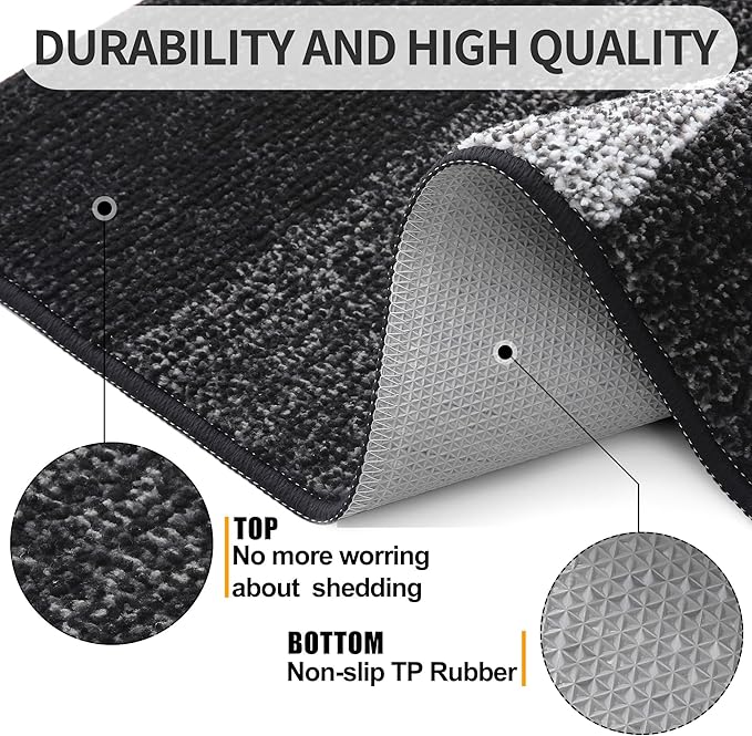 Kitinjoy Indoor Outdoor Door Mat, 47x17 Non-Slip Absorbent Dirt Trapper, Low-Profile Washable Inside Entrance Front Floor Mat, Sturdy Soft Entry Doormats for Entryway, Black