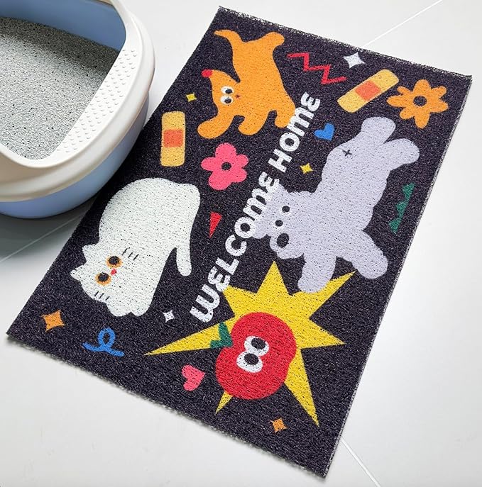 Lukamoo® Cute Cat Litter Mat (24’’x16’’), for Kitty Litter & Cat Litter Box, Independent Artist Designed [Neon Neko Series] (Big Family)