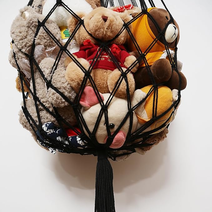 Stuffed Animal Net or Hammock Corner or Wall Hanging Net for Plush Toy Storage Boho Macrame Toy Display Nursery Bedroom Decor Stuffy Animal Toy Organizer (Black)