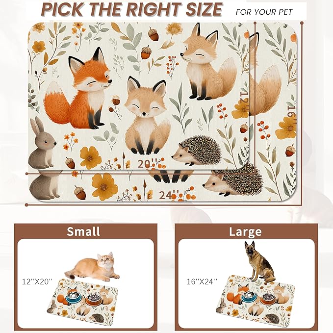 Fox Hedgehog Rabbit Forest Dog Cat Food Mat,Absorbent Pet Feeding Mat with Rubber Backing,Non-Slip Water Bowl Placemat,Indoor Pet Accessories Supplies 16"x24"