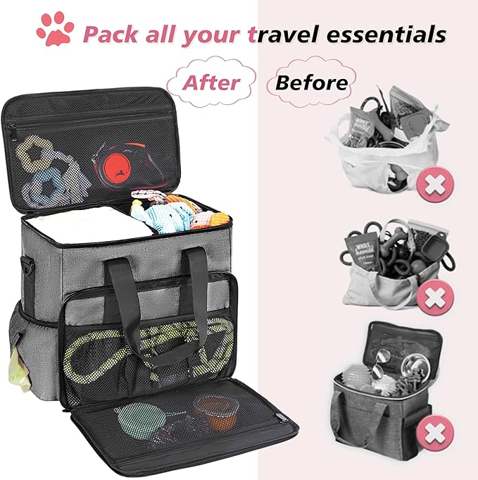 5 Set Dog Travel Bag for Supplies, Dog Lovers, Large Pet Travel Kit Includes 2 Food Containers&2 Collapsible Bowls、Placemats,Grey