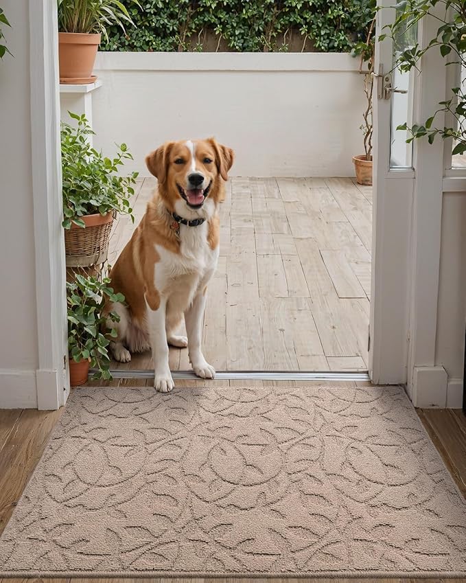 DEXI Front Door Mat Inside Entrance 32x48, Non Slip Dirt Trapper Doormat, Low Profile Thin Entry Mat, Absorbent Easy Clean Welcome Mats for Entryway, Patio, Branch Leaf Beige