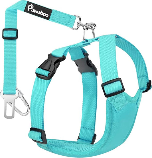 Pawaboo Adjustable Dog Safety Vest Harness with Seatbelt, Dog Seat Belt Harness for Car with Vehicle Connector Strap, Breathable Dog Seatbelt Safety Tether for Small Medium Large Pet, Small, Blue